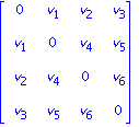 matrix([[0, v[1], v[2], v[3]], [v[1], 0, v[4], v[5]], [v[2], v[4], 0, v[6]], [v[3], v[5], v[6], 0]])