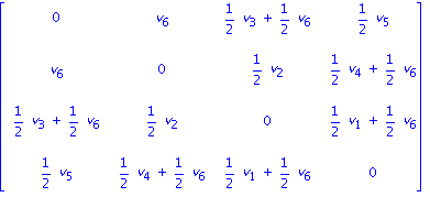 matrix([[0, v[6], 1/2*v[3]+1/2*v[6], 1/2*v[5]], [v[6], 0, 1/2*v[2], 1/2*v[4]+1/2*v[6]], [1/2*v[3]+1/2*v[6], 1/2*v[2], 0, 1/2*v[1]+1/2*v[6]], [1/2*v[5], 1/2*v[4]+1/2*v[6], 1/2*v[1]+1/2*v[6], 0]])