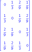 matrix([[0, 1/3, 2/9, 1/9], [1/3, 0, 1/9, 2/9], [2/9, 1/9, 0, 1/3], [1/9, 2/9, 1/3, 0]])