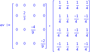 ev := Matrix([[0, 0, 0, 0], [0, 2/3, 0, 0], [0, 0, (-4)/9, 0], [0, 0, 0, (-2)/9]]), Matrix([[1/4, 1/4, 1/4, 1/4], [1/4, 1/4, (-1)/4, (-1)/4], [(-1)/4, 1/4, (-1)/4, 1/4], [(-1)/4, 1/4, 1/4, (-1)/4]])