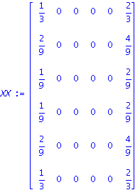 XX := matrix([[1/3, 0, 0, 0, 0, 2/3], [2/9, 0, 0, 0, 0, 4/9], [1/9, 0, 0, 0, 0, 2/9], [1/9, 0, 0, 0, 0, 2/9], [2/9, 0, 0, 0, 0, 4/9], [1/3, 0, 0, 0, 0, 2/3]])