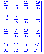 matrix([[10/9, 4/9, 11/18, 19/36], [4/9, 5/18, 7/36, 17/72], [11/18, 7/36, 13/36, 5/18], [19/36, 17/72, 5/18, 37/144]])