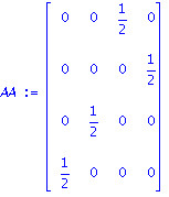 AA := matrix([[0, 0, 1/2, 0], [0, 0, 0, 1/2], [0, 1/2, 0, 0], [1/2, 0, 0, 0]])