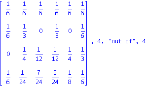 matrix([[1/6, 1/6, 1/6, 1/6, 1/6, 1/6], [1/6, 1/3, 0, 1/3, 0, 1/6], [0, 1/4, 1/12, 1/12, 1/4, 1/3], [1/6, 1/24, 7/24, 5/24, 1/8, 1/6]]), 4, 