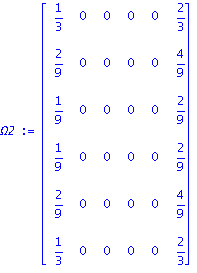 Omega2 := matrix([[1/3, 0, 0, 0, 0, 2/3], [2/9, 0, 0, 0, 0, 4/9], [1/9, 0, 0, 0, 0, 2/9], [1/9, 0, 0, 0, 0, 2/9], [2/9, 0, 0, 0, 0, 4/9], [1/3, 0, 0, 0, 0, 2/3]])