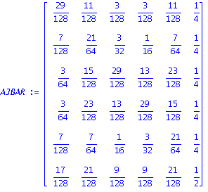 AJBAR := matrix([[29/128, 11/128, 3/128, 3/128, 11/128, 1/4], [7/128, 21/64, 3/32, 1/16, 7/64, 1/4], [3/64, 15/128, 29/128, 13/128, 23/128, 1/4], [3/64, 23/128, 13/128, 29/128, 15/128, 1/4], [7/128, 7...