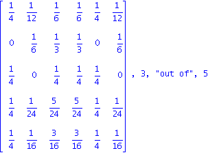 matrix([[1/4, 1/12, 1/6, 1/6, 1/4, 1/12], [0, 1/6, 1/3, 1/3, 0, 1/6], [1/4, 0, 1/4, 1/4, 1/4, 0], [1/4, 1/24, 5/24, 5/24, 1/4, 1/24], [1/4, 1/16, 3/16, 3/16, 1/4, 1/16]]), 3, 