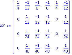 KK := matrix([[1/4, (-1)/12, (-1)/6, (-1)/6, 1/4, (-1)/12], [0, 1/12, (-1)/12, (-1)/12, 0, 1/12], [0, 1/24, (-1)/24, (-1)/24, 0, 1/24], [0, 1/48, (-1)/48, (-1)/48, 0, 1/48]])
