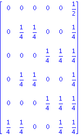 matrix([[0, 0, 0, 0, 0, 1/2], [0, 1/4, 1/4, 0, 0, 1/4], [0, 0, 0, 1/4, 1/4, 1/4], [0, 1/4, 1/4, 0, 0, 1/4], [0, 0, 0, 1/4, 1/4, 1/4], [1/4, 1/4, 0, 0, 1/4, 1/4]])