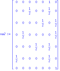 xa2 := matrix([[0, 0, 0, 0, 0, 1, 0], [0, 0, 1/2, 0, 0, 1/2, 0], [0, 0, 0, 0, 1/2, 0, 1/2], [0, 1/2, 0, 0, 0, 0, 1/2], [0, 0, 0, 1/2, 0, 1/2, 0], [1/2, 0, 0, 0, 0, 1/2, 0], [0, 0, 0, 0, 0, 0, 1]])