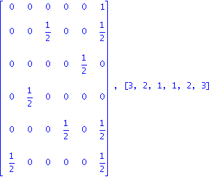 matrix([[0, 0, 0, 0, 0, 1], [0, 0, 1/2, 0, 0, 1/2], [0, 0, 0, 0, 1/2, 0], [0, 1/2, 0, 0, 0, 0], [0, 0, 0, 1/2, 0, 1/2], [1/2, 0, 0, 0, 0, 1/2]]), vector([3, 2, 1, 1, 2, 3])