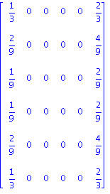 matrix([[1/3, 0, 0, 0, 0, 2/3], [2/9, 0, 0, 0, 0, 4/9], [1/9, 0, 0, 0, 0, 2/9], [1/9, 0, 0, 0, 0, 2/9], [2/9, 0, 0, 0, 0, 4/9], [1/3, 0, 0, 0, 0, 2/3]])