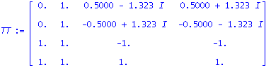 TT := Matrix([[0., 1., .5000-1.323*I, .5000+1.323*I], [0., 1., -.5000+1.323*I, -.5000-1.323*I], [1., 1., -1., -1.], [1., 1., 1., 1.]])