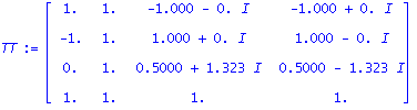 TT := Matrix([[1., 1., -1.000-0.*I, -1.000+0.*I], [-1., 1., 1.000+0.*I, 1.000-0.*I], [0., 1., .5000+1.323*I, .5000-1.323*I], [1., 1., 1., 1.]])