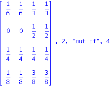matrix([[1/6, 1/6, 1/3, 1/3], [0, 0, 1/2, 1/2], [1/4, 1/4, 1/4, 1/4], [1/8, 1/8, 3/8, 3/8]]), 2, 